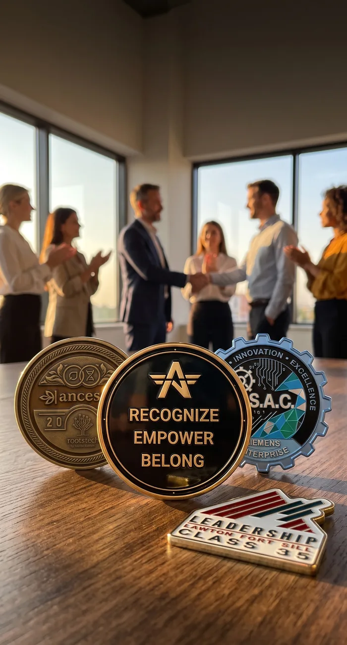 Corporate recognition coins on a desk while a team celebrates