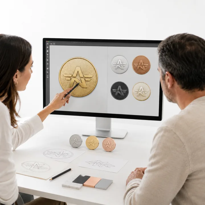 Designers reviewing coin finishes on screen